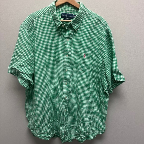 Ralph Lauren Linen Button Down Shirt Mens XXL Green Gingham Check Classic Fit SS - Picture 2 of 8